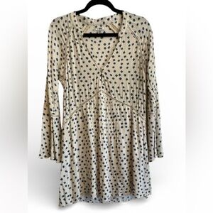 Amuse White Long Sleeve Blue Polk Dot V Neck Mini Dress Size Small